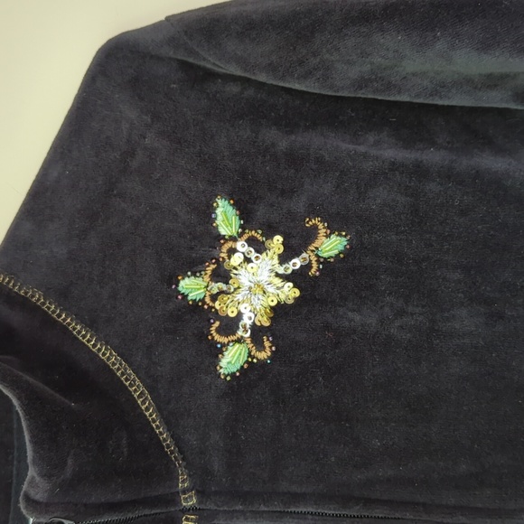 Vintage Embellished Beaded Velvet Velour Zip Up Athletic Jacket L Black - Picture 4 of 16